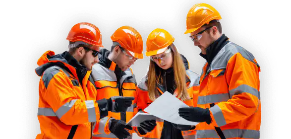 a group of people wearing orange and grey jackets and helmets looking at a piece of paper