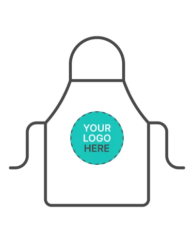 a white apron with a blue circle and a blue circle on it