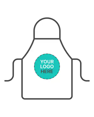 a white apron with a blue circle and a blue circle on it