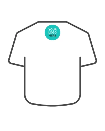 a white shirt with a blue logo on it