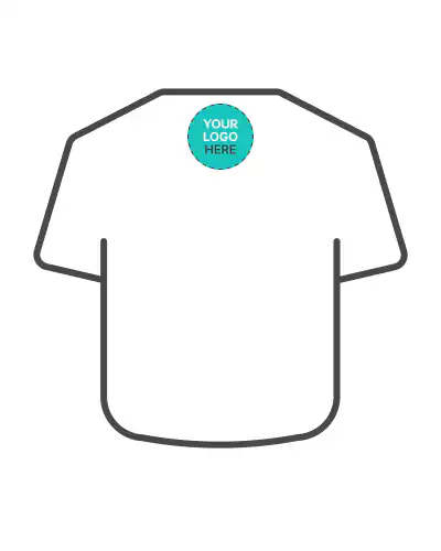 a white shirt with a blue logo on it