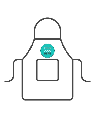 a black and white apron with a blue logo