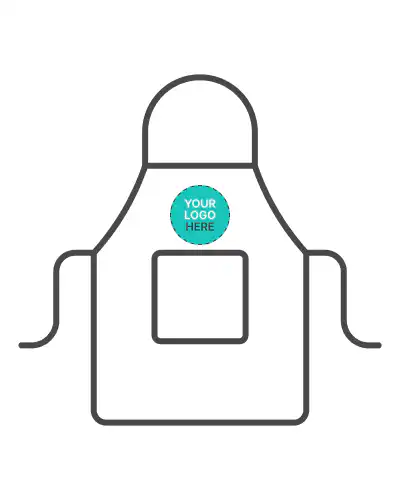 a black and white apron with a blue logo