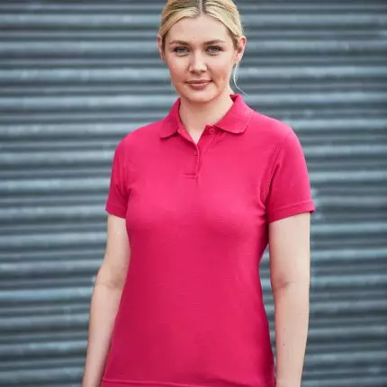 a woman in a pink shirt