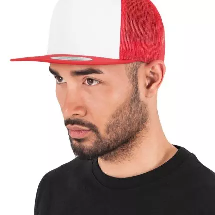 a man wearing a red and white hat