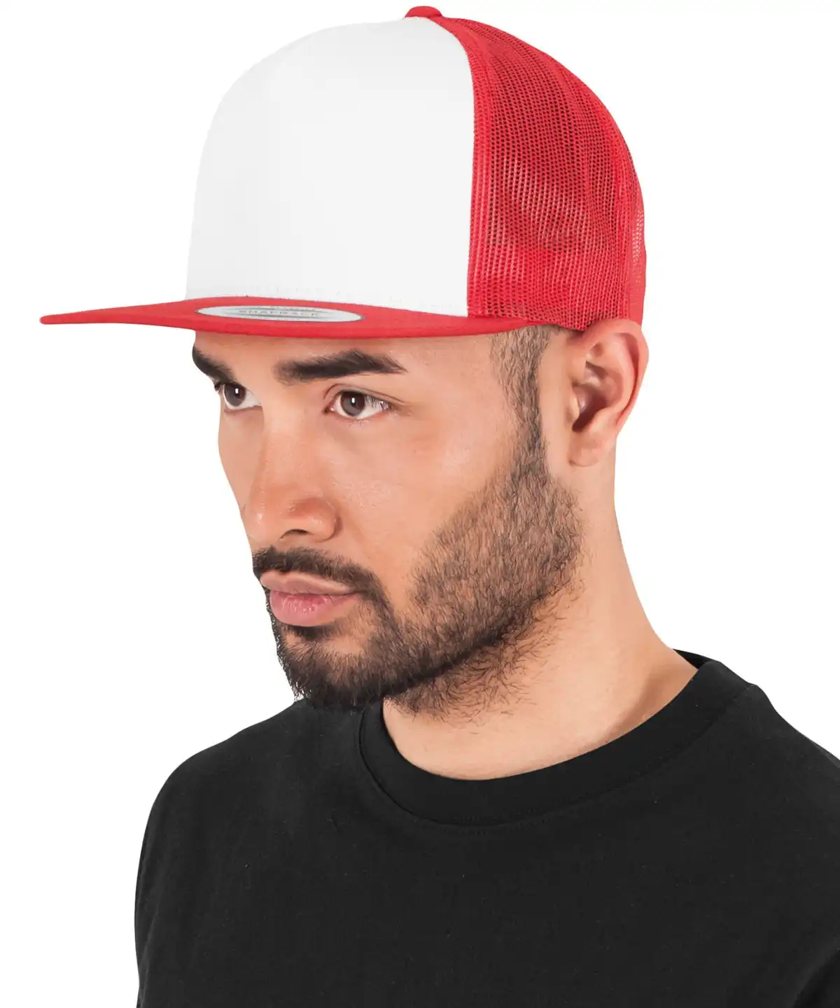 Classic Trucker Cap a man wearing a red and white hat
